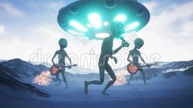 外星人在<strong>ufo</strong>的背景下在他们的家乡雪星上唱歌和演奏吉他。 现实的运动背景。 4K.